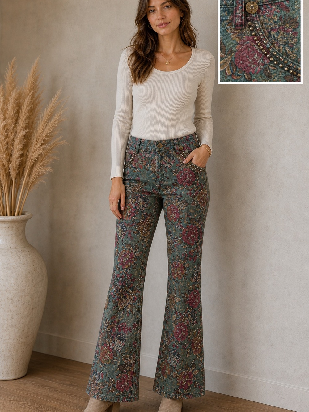 Floral Lowrise Pants in Teal and Rose